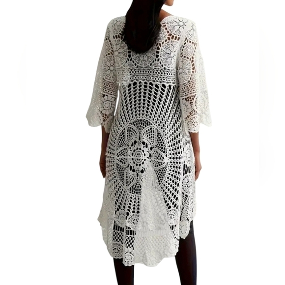 New Crochet Floral hi low Cover up Tunic white long flowy Small - Picture 4 of 6